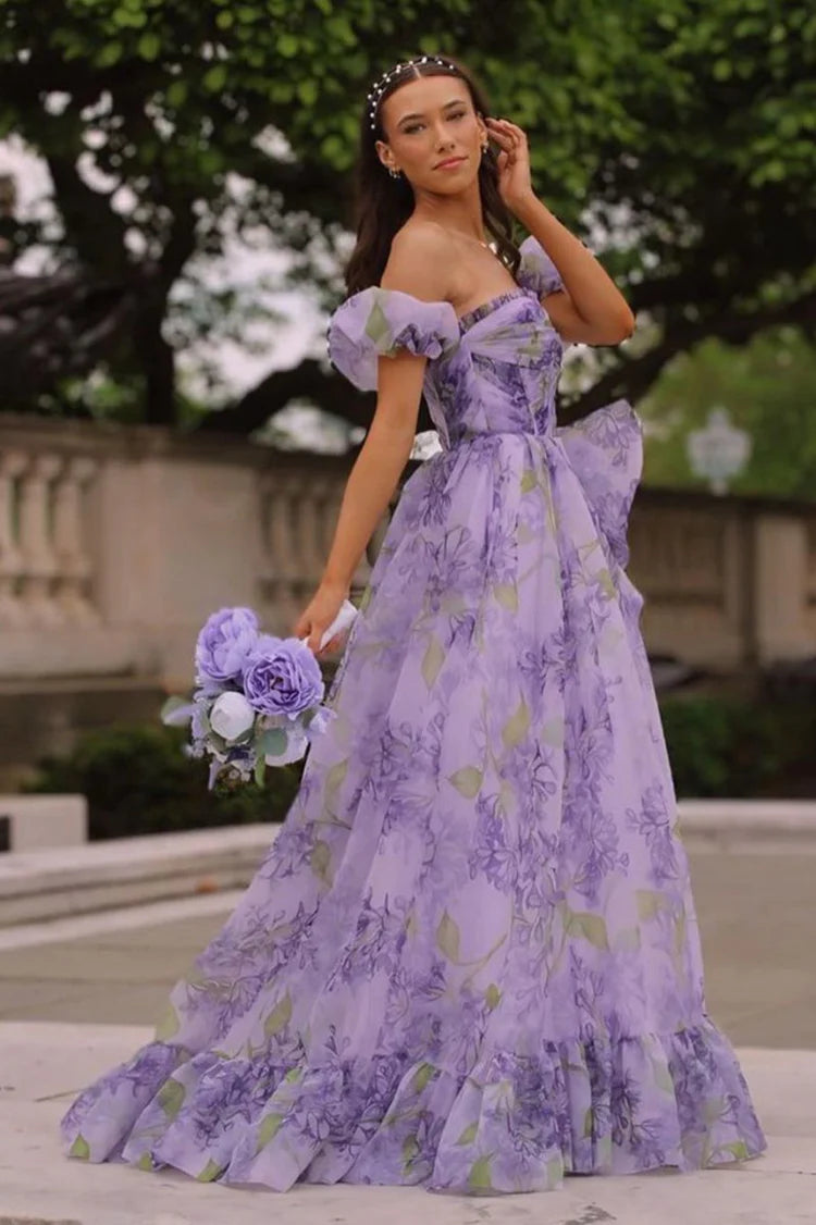 Enchanting Whimsical Fitted Ball Gown Off-the-Shoulder Puff Sleeve Floor-Length Ruffled High Slit Floral Print Prom Dresses