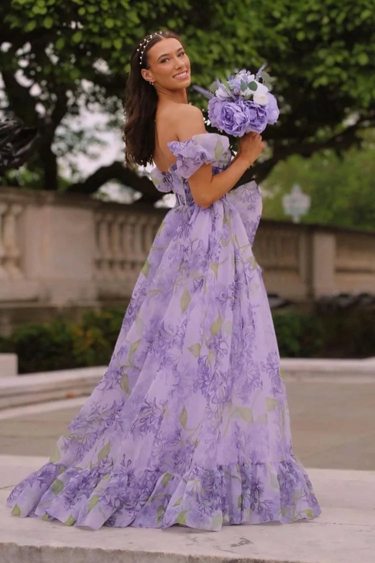 Lavender Chiffon A-Line Off-the-Shoulder Asymmetrical Dress with Ruched Bodice and High-Low Ruffled Hem