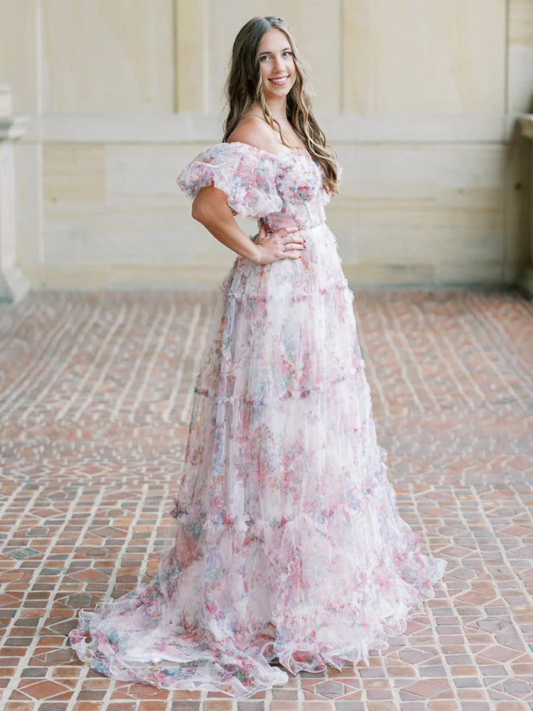 Enchanting Whimsical Fitted Ball Gown Off-the-Shoulder Puff Sleeve Floor-Length Ruffled Tiered Floral Print Prom Dresses