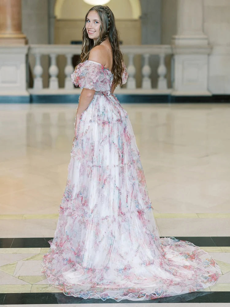 Enchanting Whimsical Fitted Ball Gown Off-the-Shoulder Puff Sleeve Floor-Length Ruffled Tiered Floral Print Prom Dresses