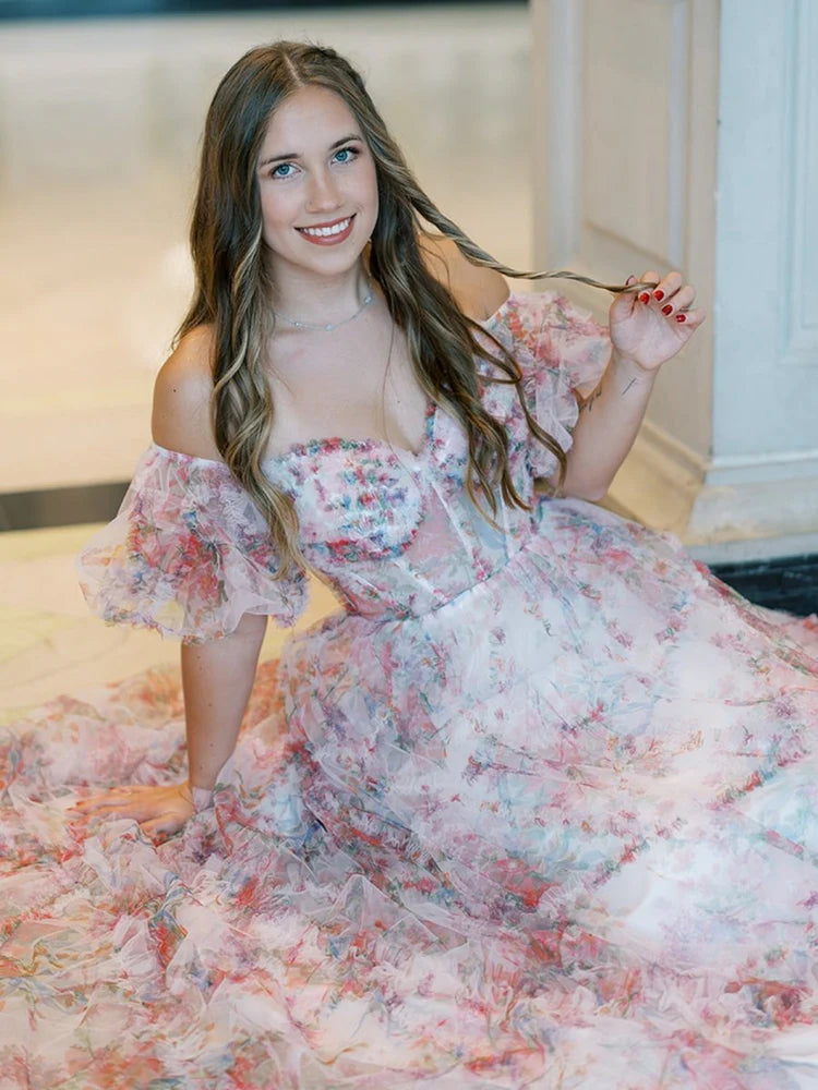 Enchanting Whimsical Fitted Ball Gown Off-the-Shoulder Puff Sleeve Floor-Length Ruffled Tiered Floral Print Prom Dresses