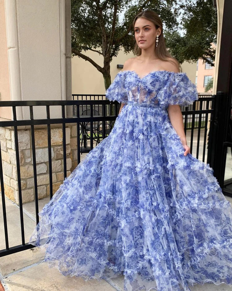 Enchanting Whimsical Fitted Ball Gown Off-the-Shoulder Puff Sleeve Floor-Length Ruffled Tiered Floral Print Prom Dresses