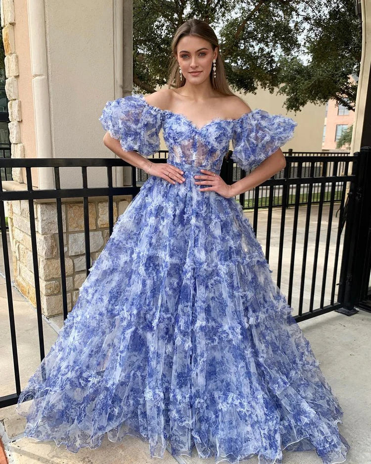Enchanting Whimsical Fitted Ball Gown Off-the-Shoulder Puff Sleeve Floor-Length Ruffled Tiered Floral Print Prom Dresses