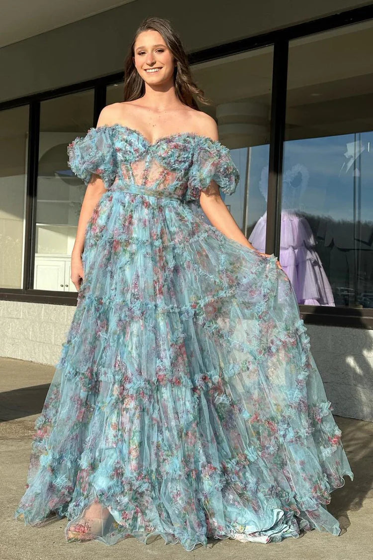 Enchanting Whimsical Fitted Ball Gown Off-the-Shoulder Puff Sleeve Floor-Length Ruffled Tiered Floral Print Prom Dresses