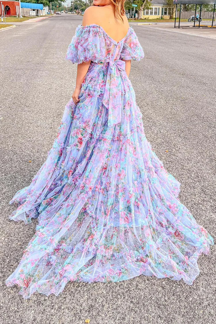 Enchanting Whimsical Fitted Ball Gown Off-the-Shoulder Puff Sleeve Floor-Length Ruffled Tiered Floral Print Prom Dresses