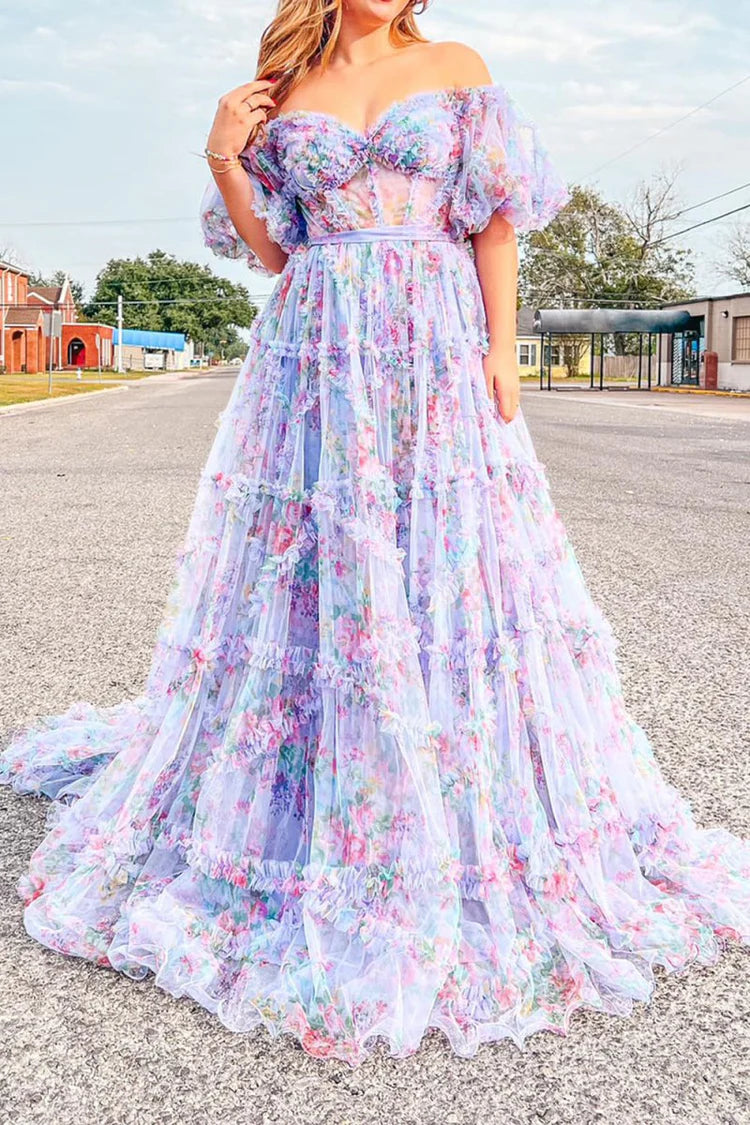 Enchanting Whimsical Fitted Ball Gown Off-the-Shoulder Puff Sleeve Floor-Length Ruffled Tiered Floral Print Prom Dresses