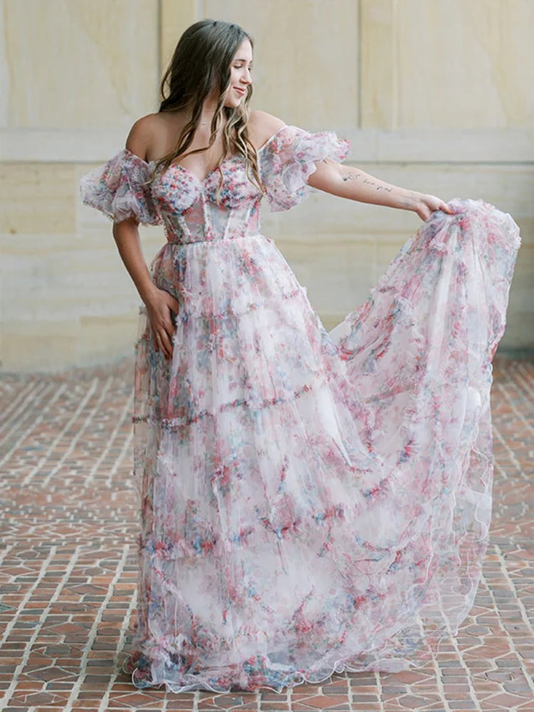Enchanting Whimsical Fitted Ball Gown Off-the-Shoulder Puff Sleeve Floor-Length Ruffled Tiered Floral Print Prom Dresses