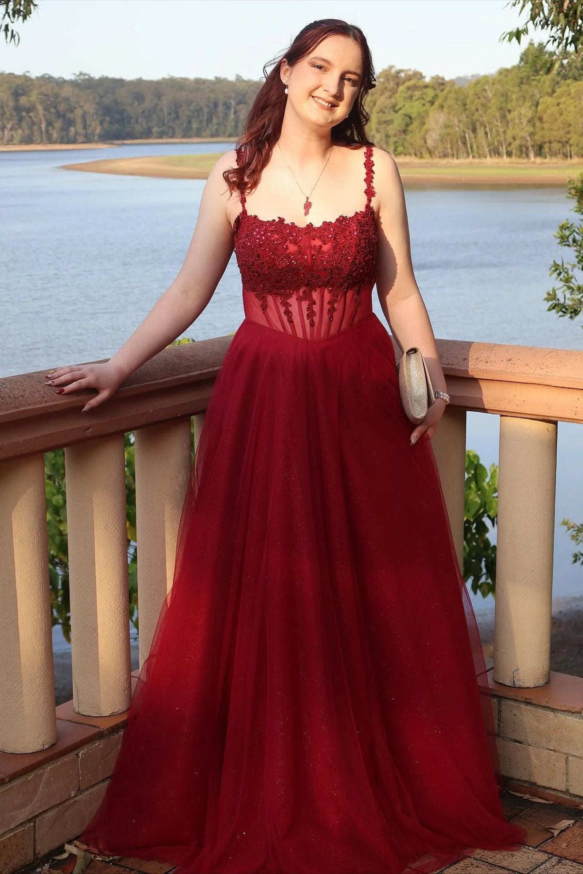 Radiant Red Tulle A-Line Floor-Length Gown with Embellished Sweetheart Bodice