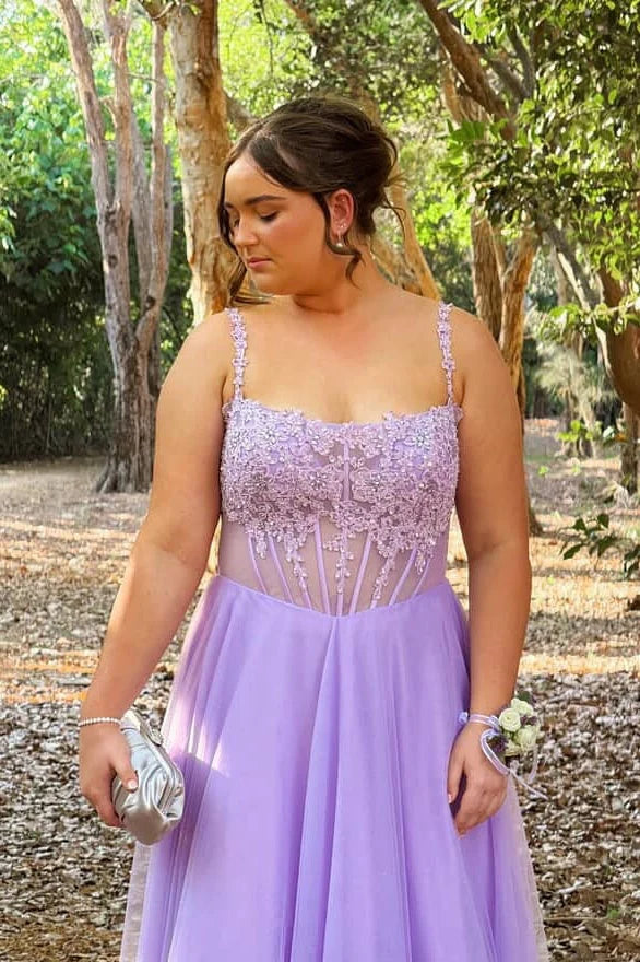 Enchanting lace corset prom dress with spaghetti straps, square neck, and tulle ball gown skirt
