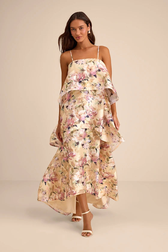 Ethereal Blush Floral Jacquard Tiered Spaghetti Strap Square Neck Maxi Prom Dresses
