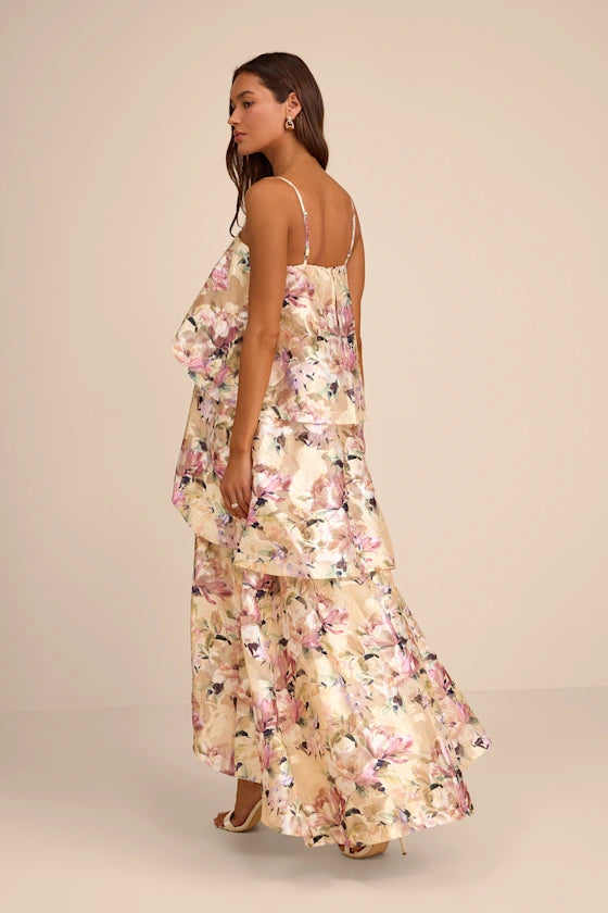 Ethereal Blush Floral Jacquard Tiered Spaghetti Strap Square Neck Maxi Prom Dresses