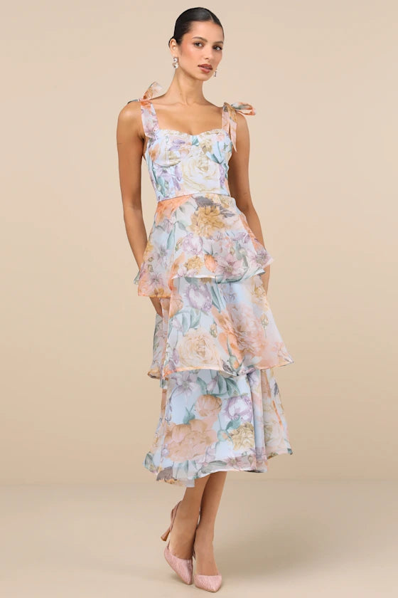 Ethereal Floral Print Chiffon Midi Sweetheart Tie Strap Sleeveless Tiered Ruffle Prom Dresses