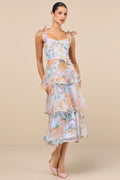 Blue Chiffon A-Line Midi Bridesmaid Dress with Sweetheart Neckline & Tiered Ruffles