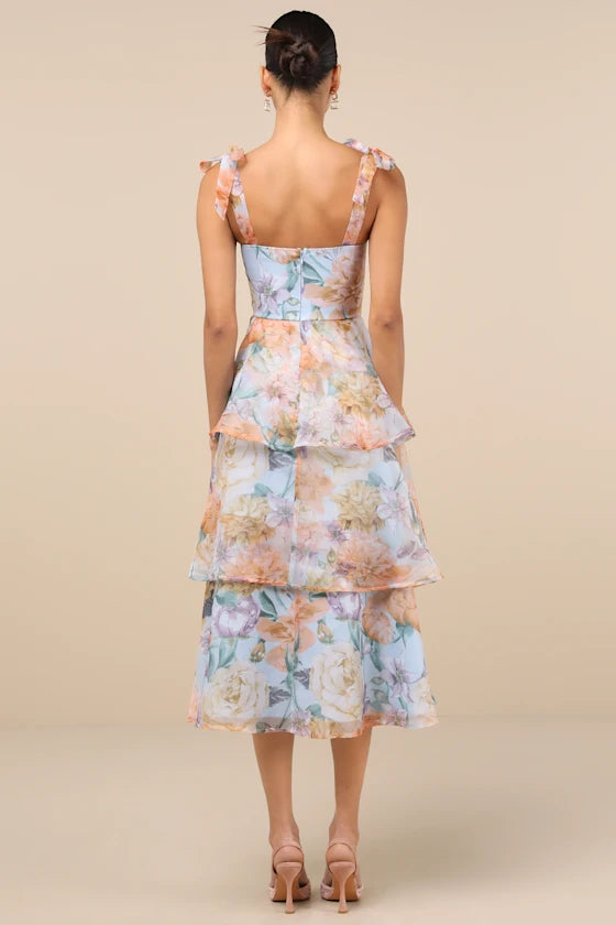 Ethereal Floral Print Chiffon Midi Sweetheart Tie Strap Sleeveless Tiered Ruffle Prom Dresses