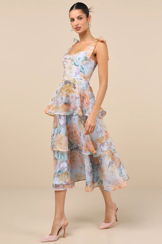 Ethereal Floral Print Chiffon Midi Sweetheart Tie Strap Sleeveless Tiered Ruffle Prom Dresses