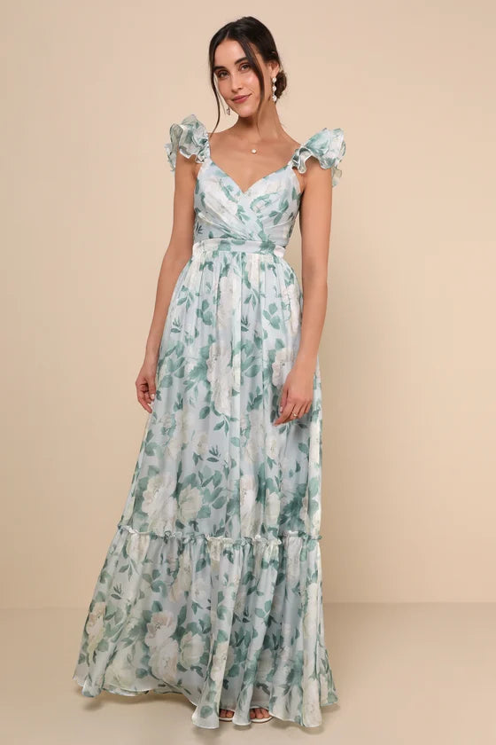 Ethereal Floral Print Satin Maxi Sweetheart Ruffle Sleeve Sleeveless Zipper Back Prom Dresses