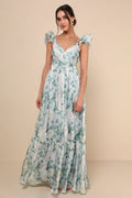 Mint Green Chiffon A-Line Floor-Length Dress with V-Neck & Ruched Bodice
