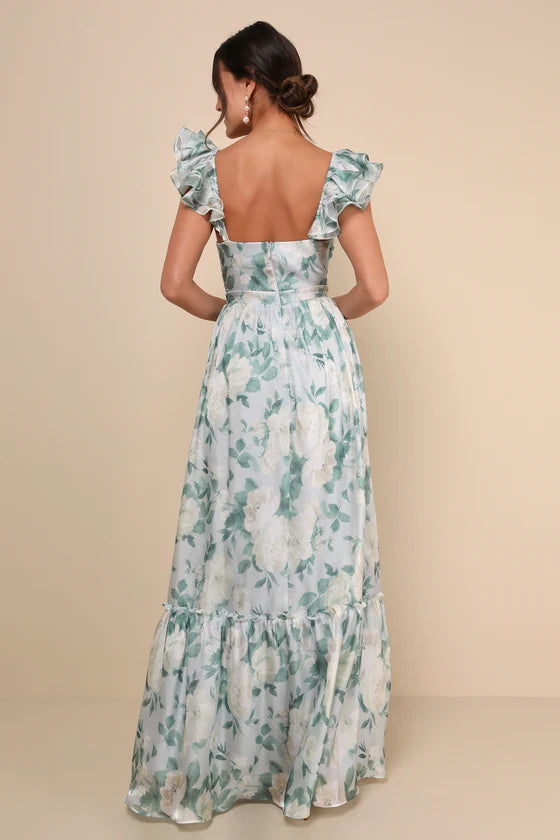 Ethereal Floral Print Satin Maxi Sweetheart Ruffle Sleeve Sleeveless Zipper Back Prom Dresses