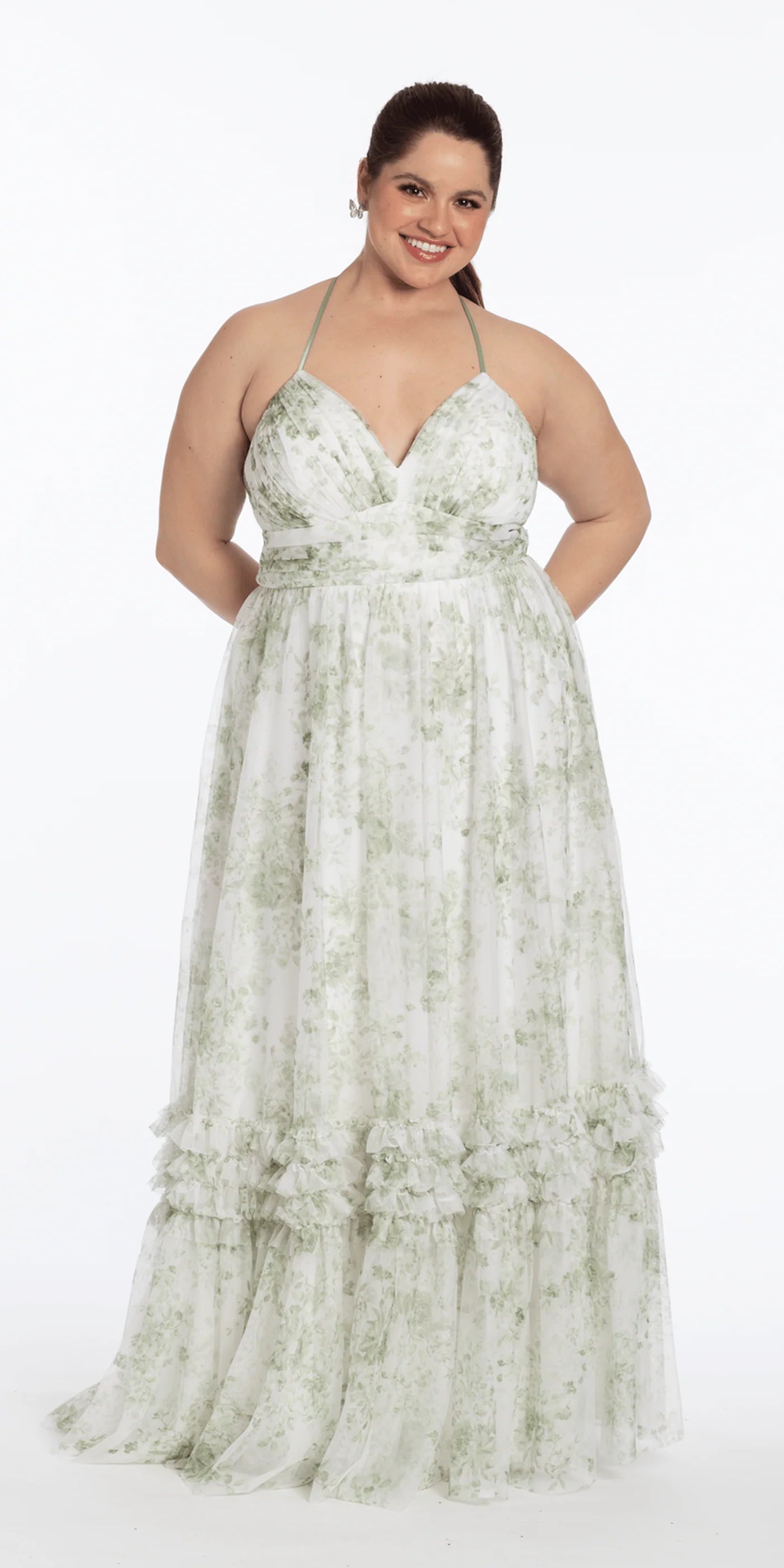 Ethereal Green Floral Print Halter V-Neck Tiered Ruffled Lace-Up Back Floor-Length Bridesmaid Dress