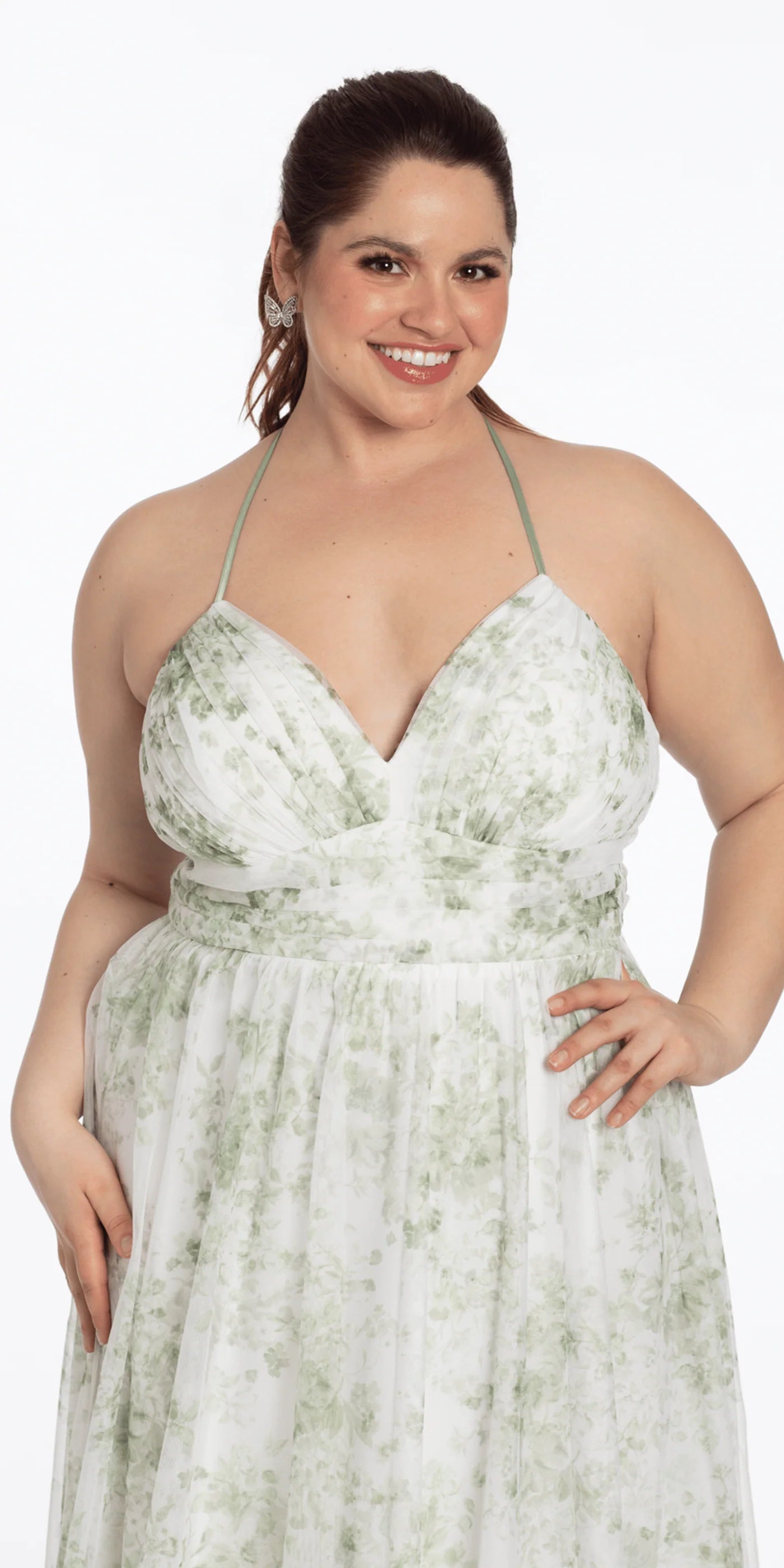 Ethereal Green Floral Print Halter V-Neck Tiered Ruffled Lace-Up Back Floor-Length Bridesmaid Dress