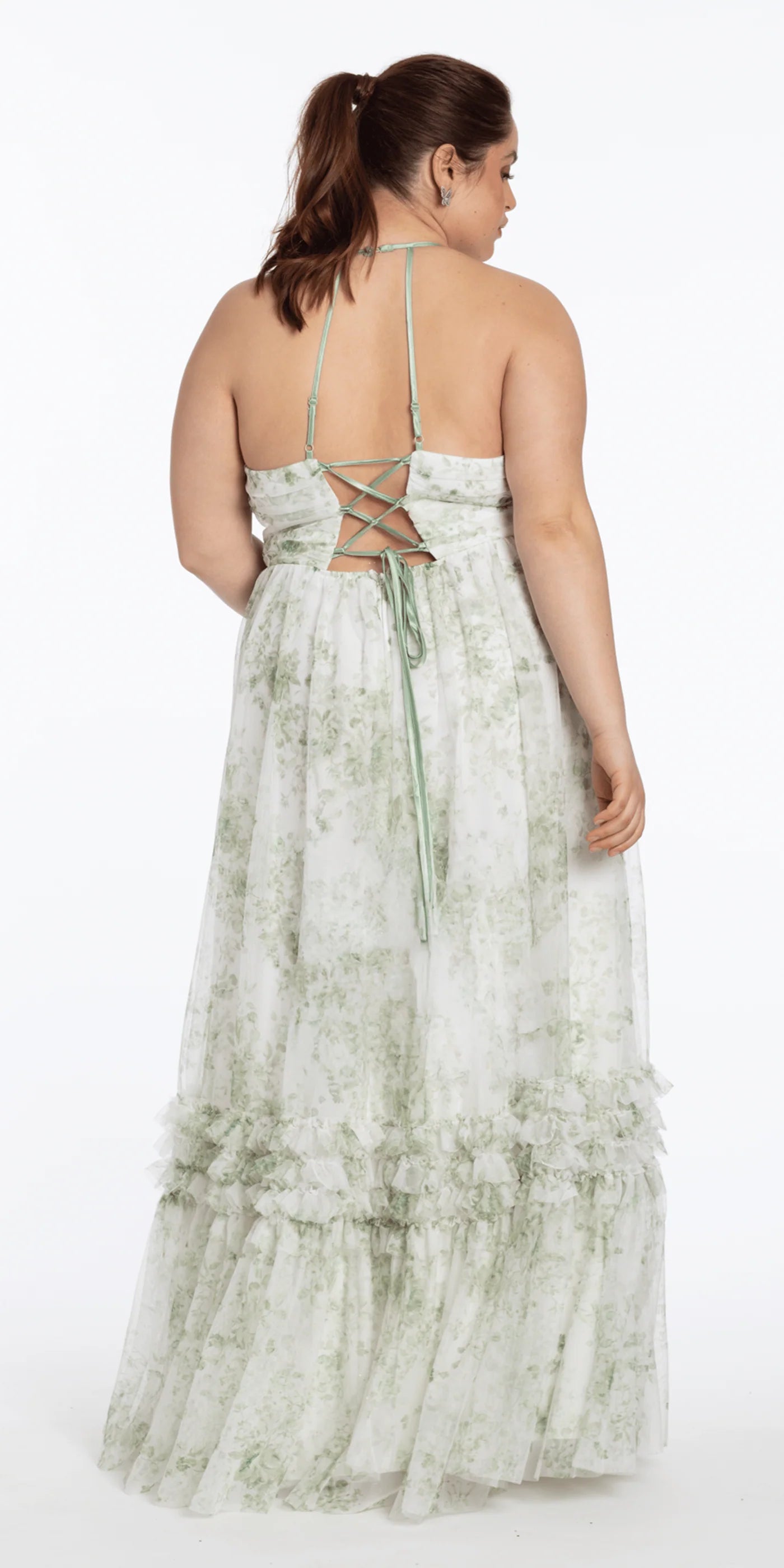 Ethereal Green Floral Print Halter V-Neck Tiered Ruffled Lace-Up Back Floor-Length Bridesmaid Dress