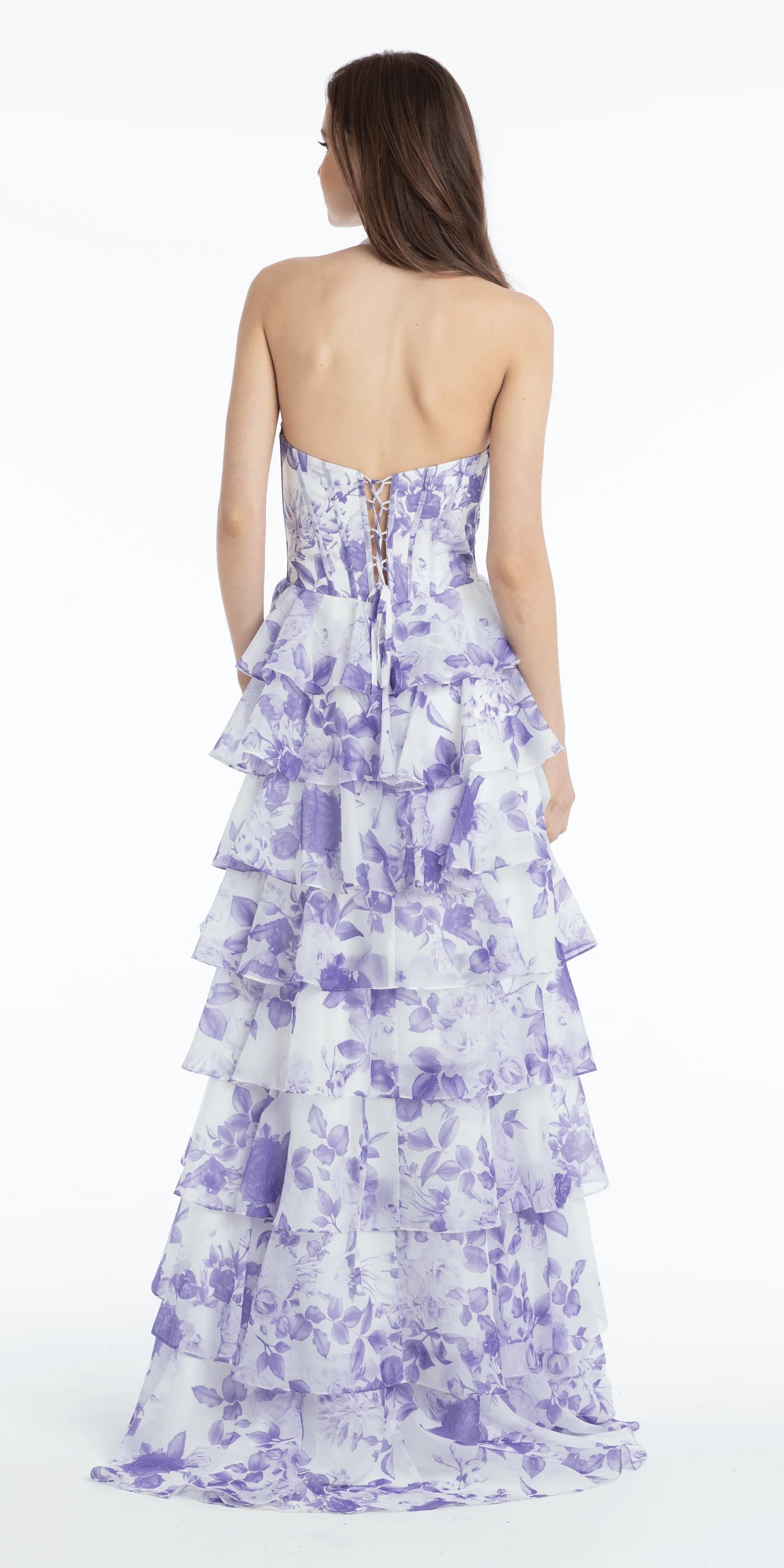 Ethereal Lavender Floral Print Halter V-Neck Corset Bodice Lace-Up Back Tiered Ruffled High Slit Prom Dress