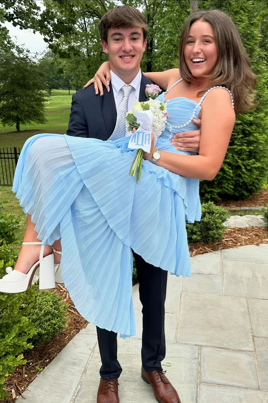 Elegant Sky Blue Chiffon A-Line Midi Bridesmaid Dress