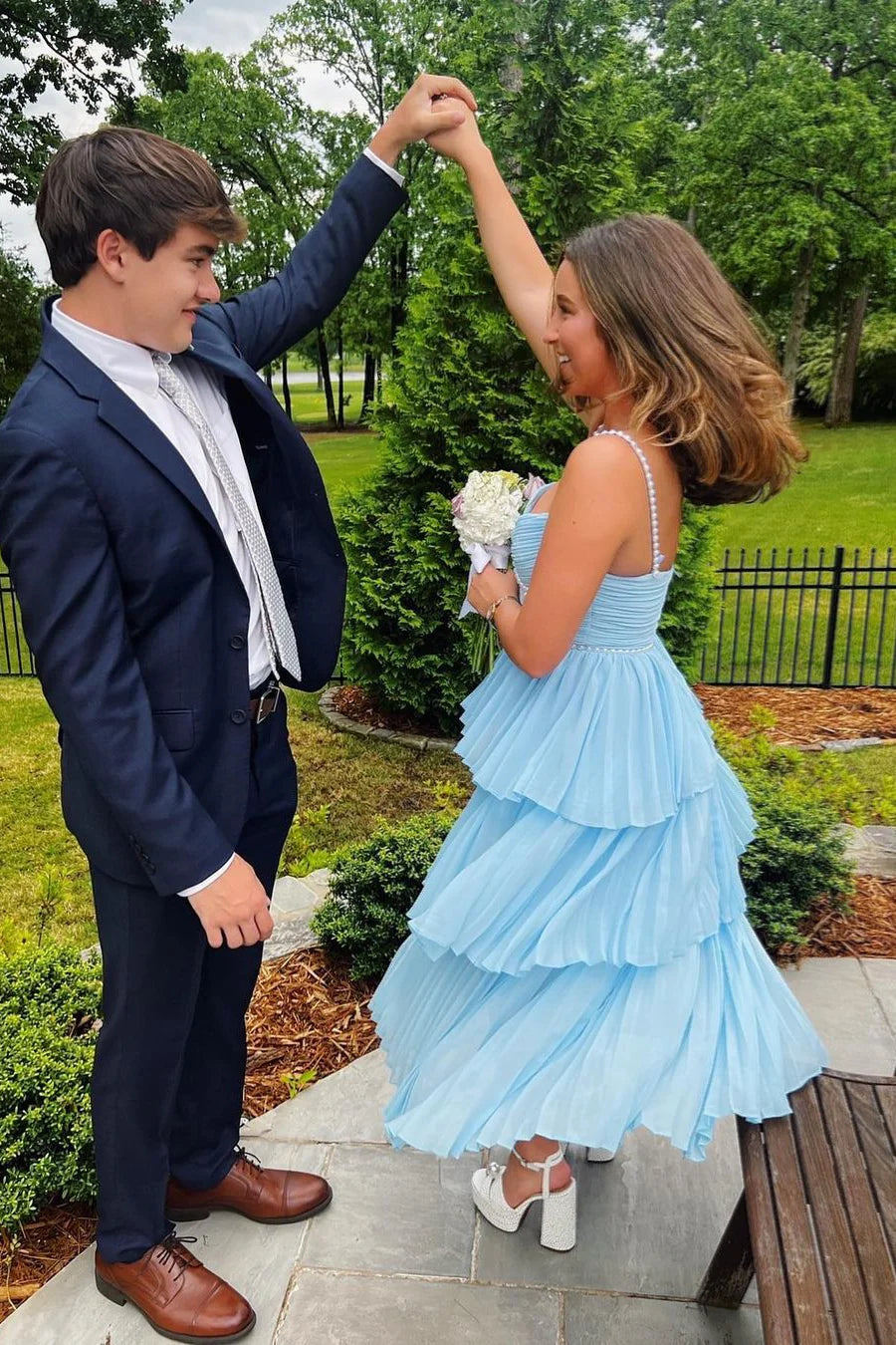 Ethereal Light Blue Tiered Sweetheart Neck Pearl-Strap Sleeveless Open Back Midi Prom Dress