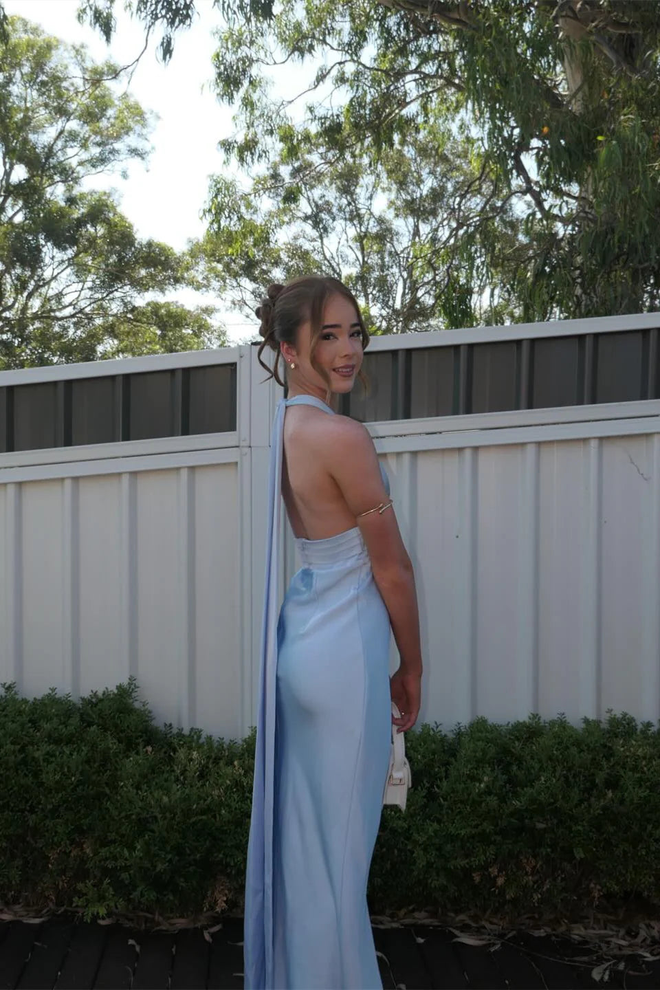 Sky Blue Satin Halter Neck Floor-Length Bridesmaid Dress