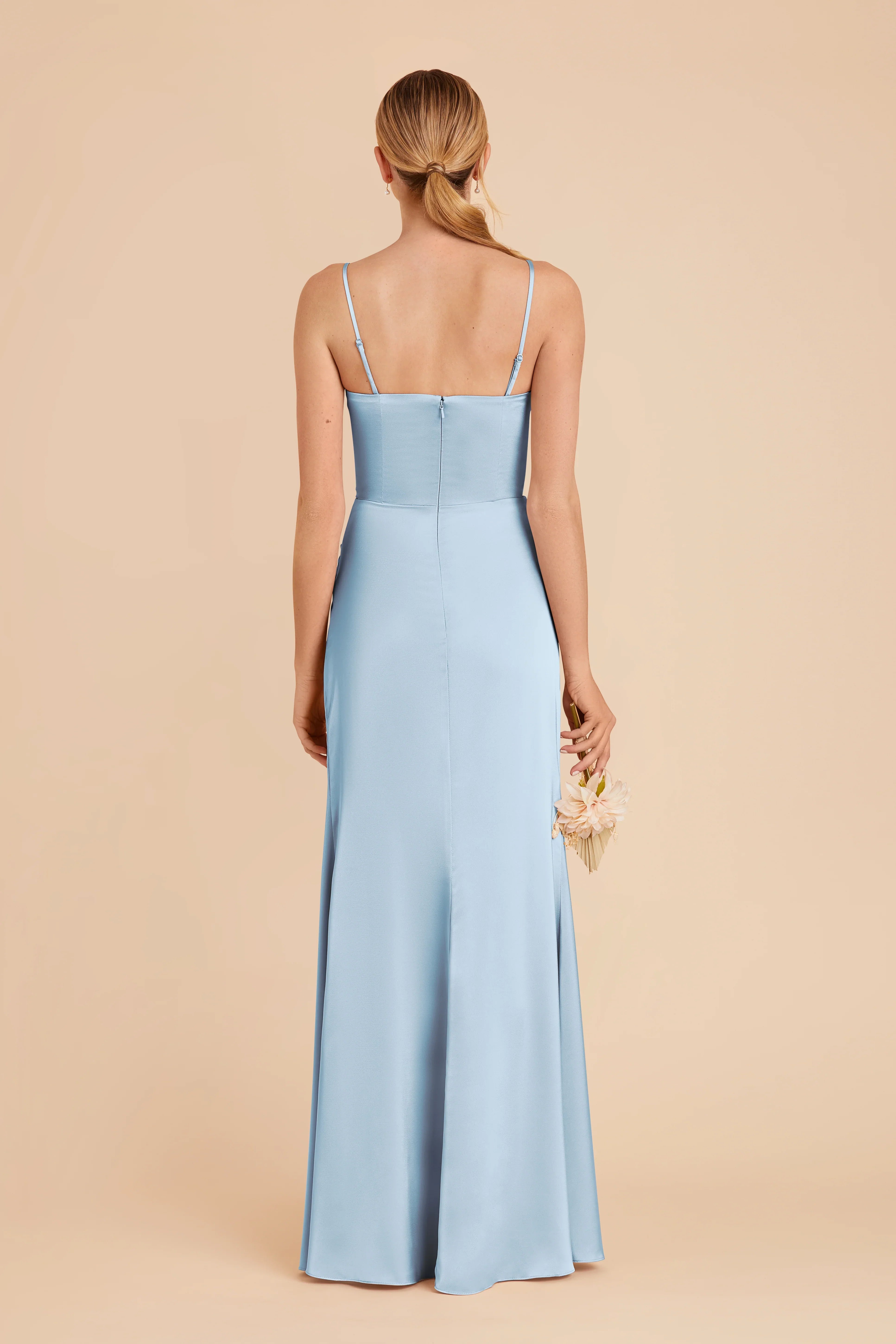Ethereal Sheath Sky Blue Satin Spaghetti-Strap Ruched Floor-Length Bridesmaid Dress