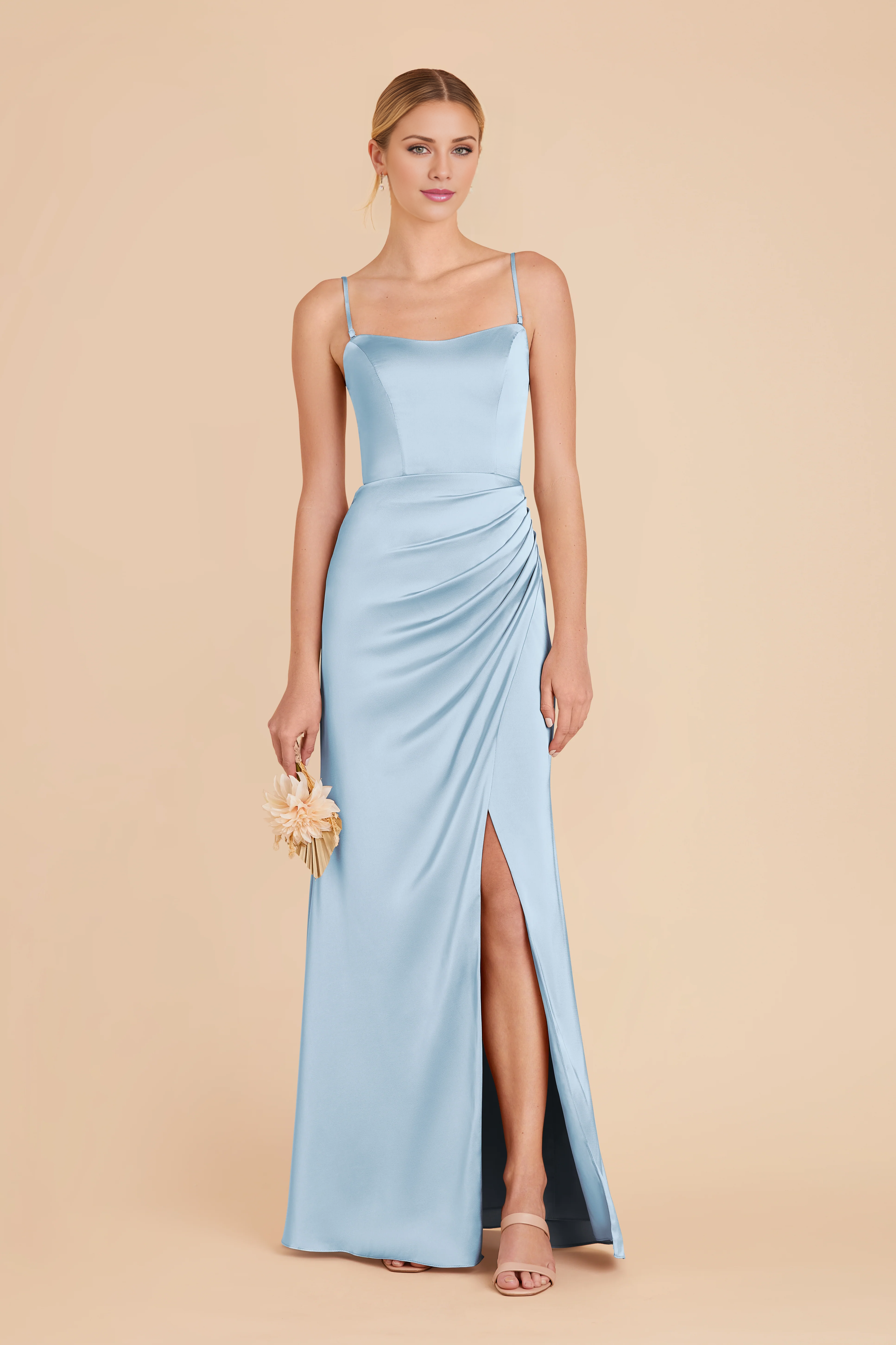 Ethereal Sheath Sky Blue Satin Spaghetti-Strap Ruched Floor-Length Bridesmaid Dress