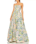 Mist Taffeta A-Line Floor-Length Gown with Tiered Skirt & Floral Jacquard