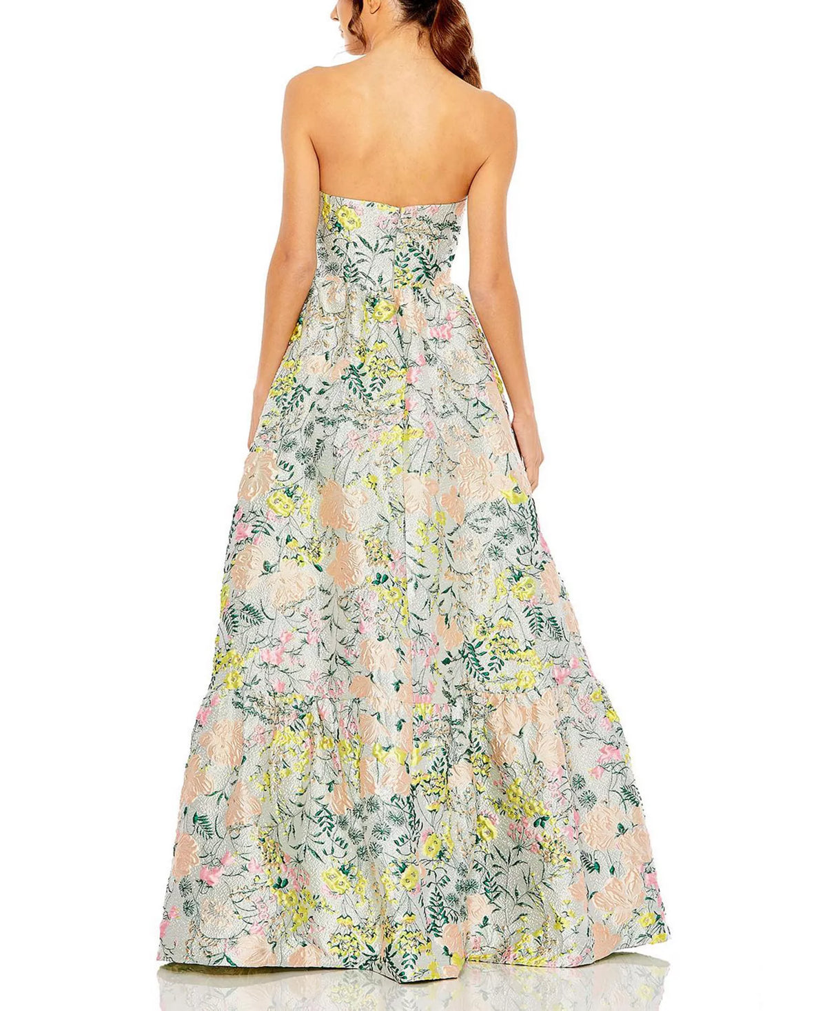 Mist Taffeta A-Line Floor-Length Gown with Tiered Skirt & Floral Jacquard