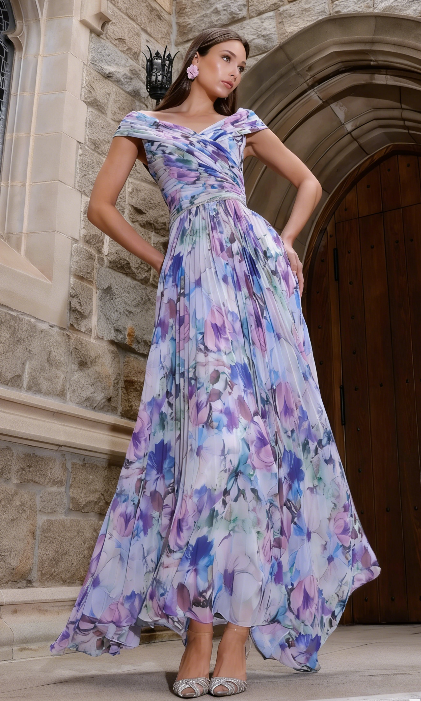 Ethereal Watercolor Floral Print Chiffon A-Line Off-the-Shoulder Pleated Maxi Prom Dresses