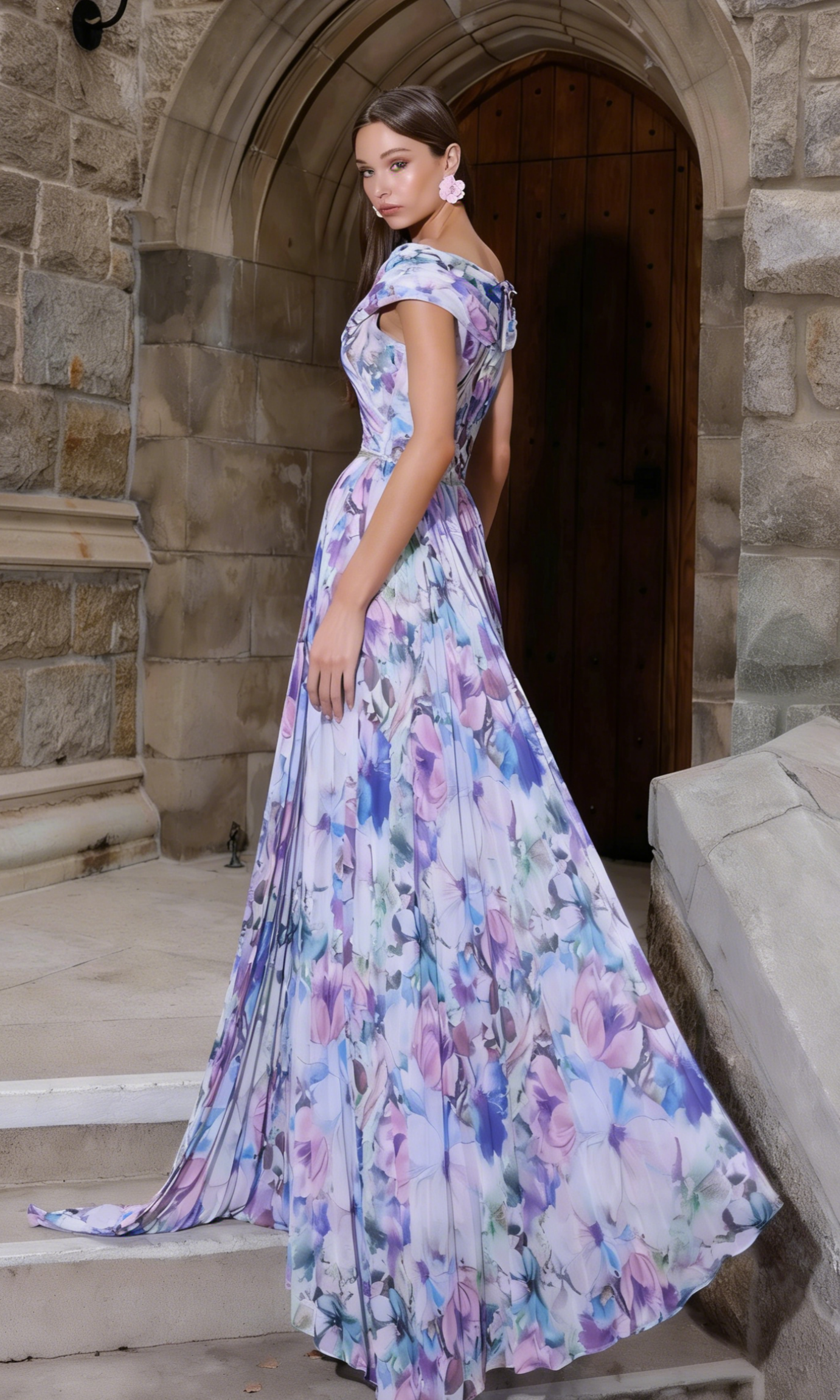 Ethereal Watercolor Floral Print Chiffon A-Line Off-the-Shoulder Pleated Maxi Prom Dresses