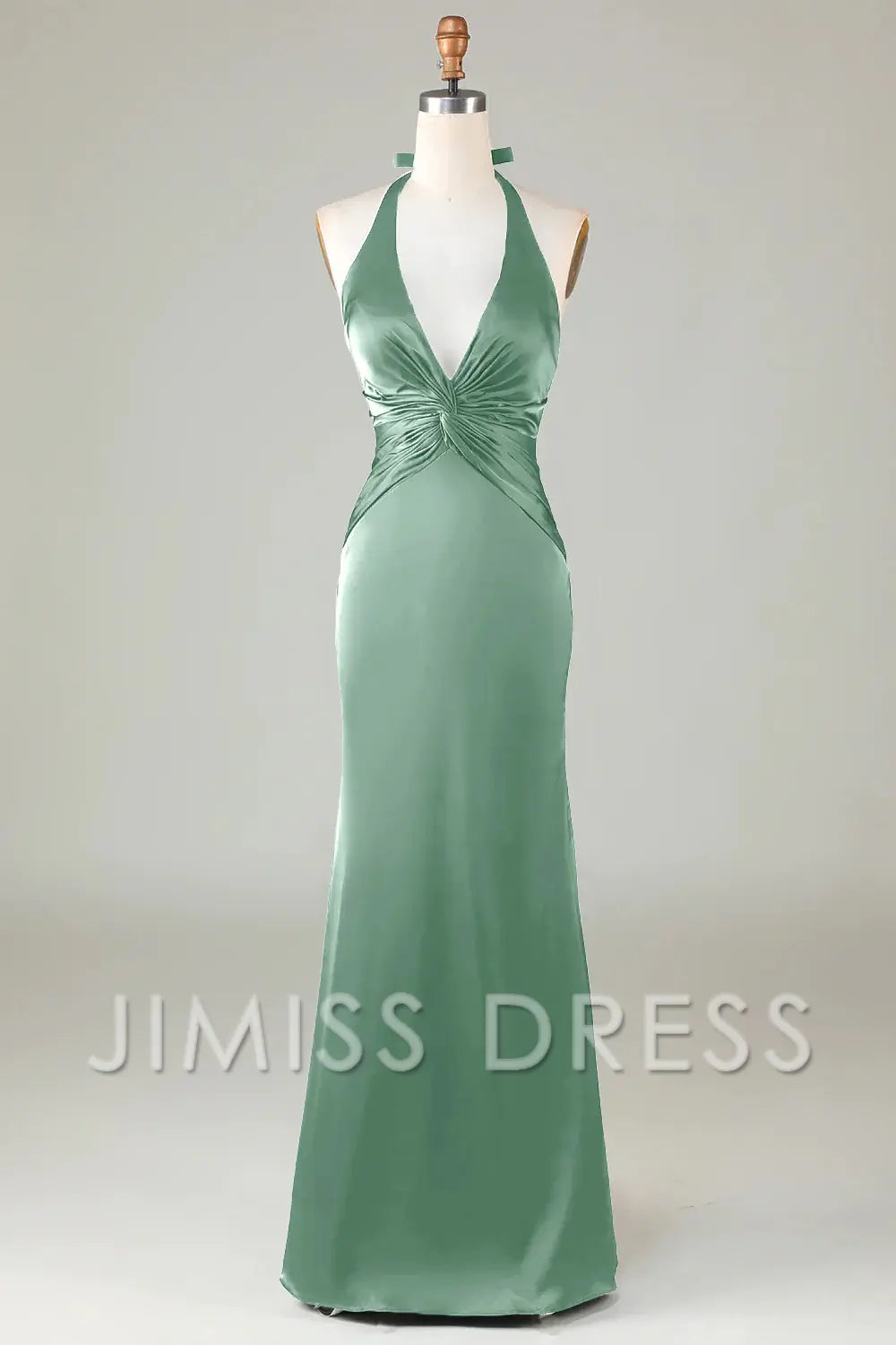 Vestido de dama de honor largo de satén verde oscuro con escote colgante y cola de pez de Jimiss