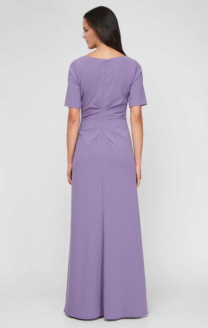 Square neckline short sleeves pleated details backless side slit and floor length mother of the bride dress