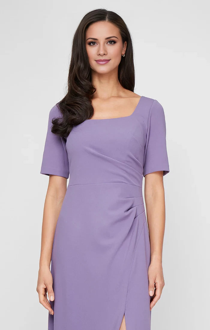 Square neckline short sleeves pleated details backless side slit and floor length mother of the bride dress