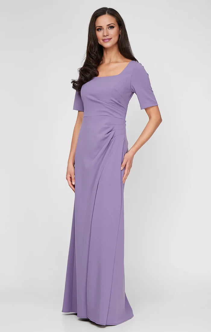 Square neckline short sleeves pleated details backless side slit and floor length mother of the bride dress