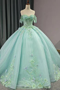 Mint Green Tulle Ball Gown Sweetheart Floor-Length Dress with Lace Appliques