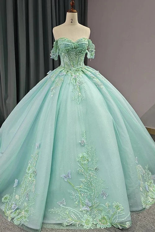 Mint Green Tulle Ball Gown Sweetheart Floor-Length Dress with Lace Appliques