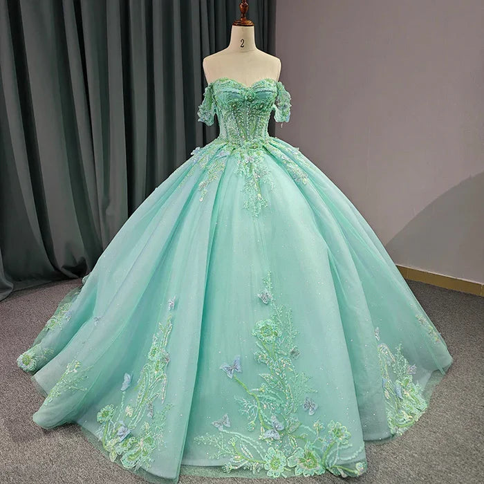 Mint Green Tulle Ball Gown Sweetheart Floor-Length Dress with Lace Appliques