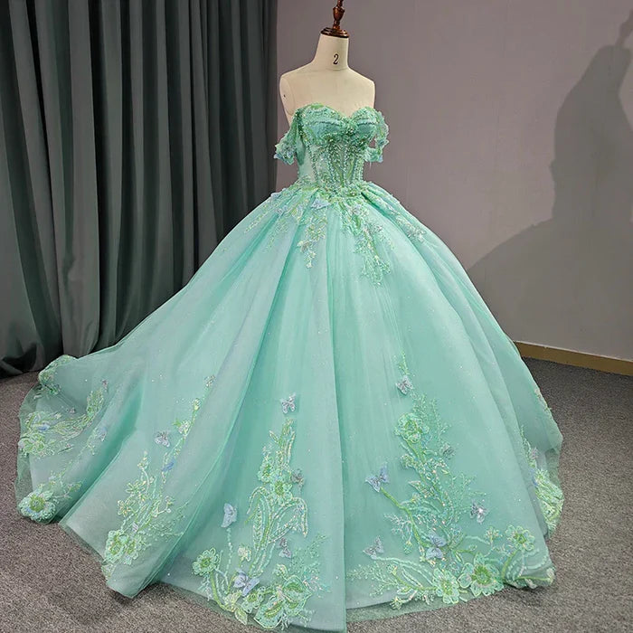 Mint Green Tulle Ball Gown Sweetheart Floor-Length Dress with Lace Appliques