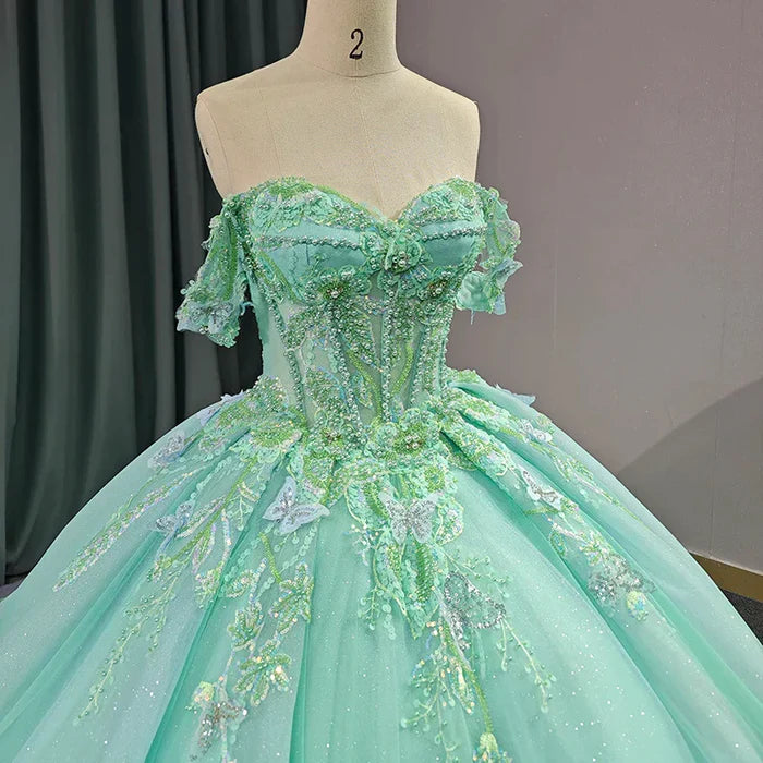 Mint Green Tulle Ball Gown Sweetheart Floor-Length Dress with Lace Appliques