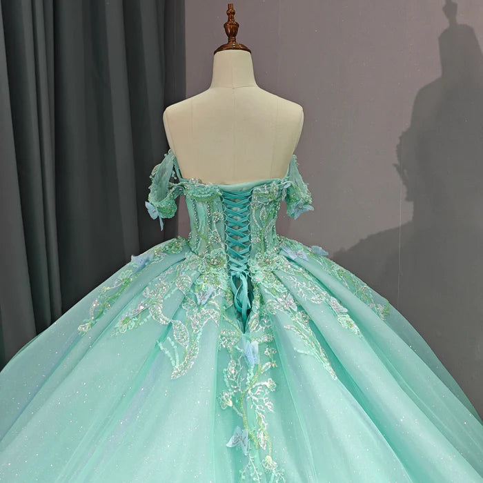 Mint Green Tulle Ball Gown Sweetheart Floor-Length Dress with Lace Appliques