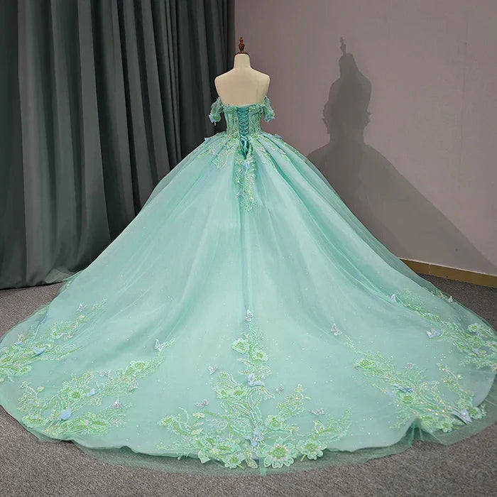 Mint Green Tulle Ball Gown Sweetheart Floor-Length Dress with Lace Appliques
