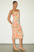 Orange Floral Print Ruched Straight Neck Sheath/Column Midi Dress