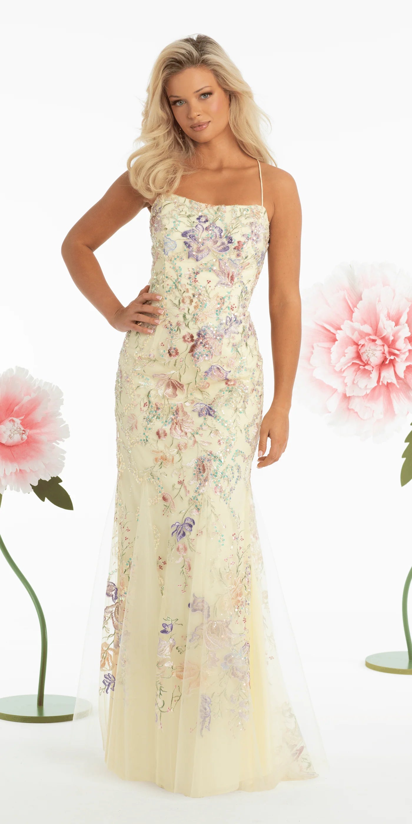 Exquisite Yellow Floral Embroidered Beaded Square Neck Spaghetti Strap Lace-Up Back Mermaid Prom Gown
