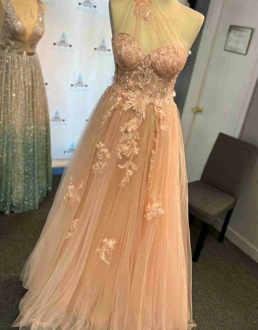 Black Glitter Tulle A-Line One Shoulder Floor-Length Dress with High Slit and Floral Appliques