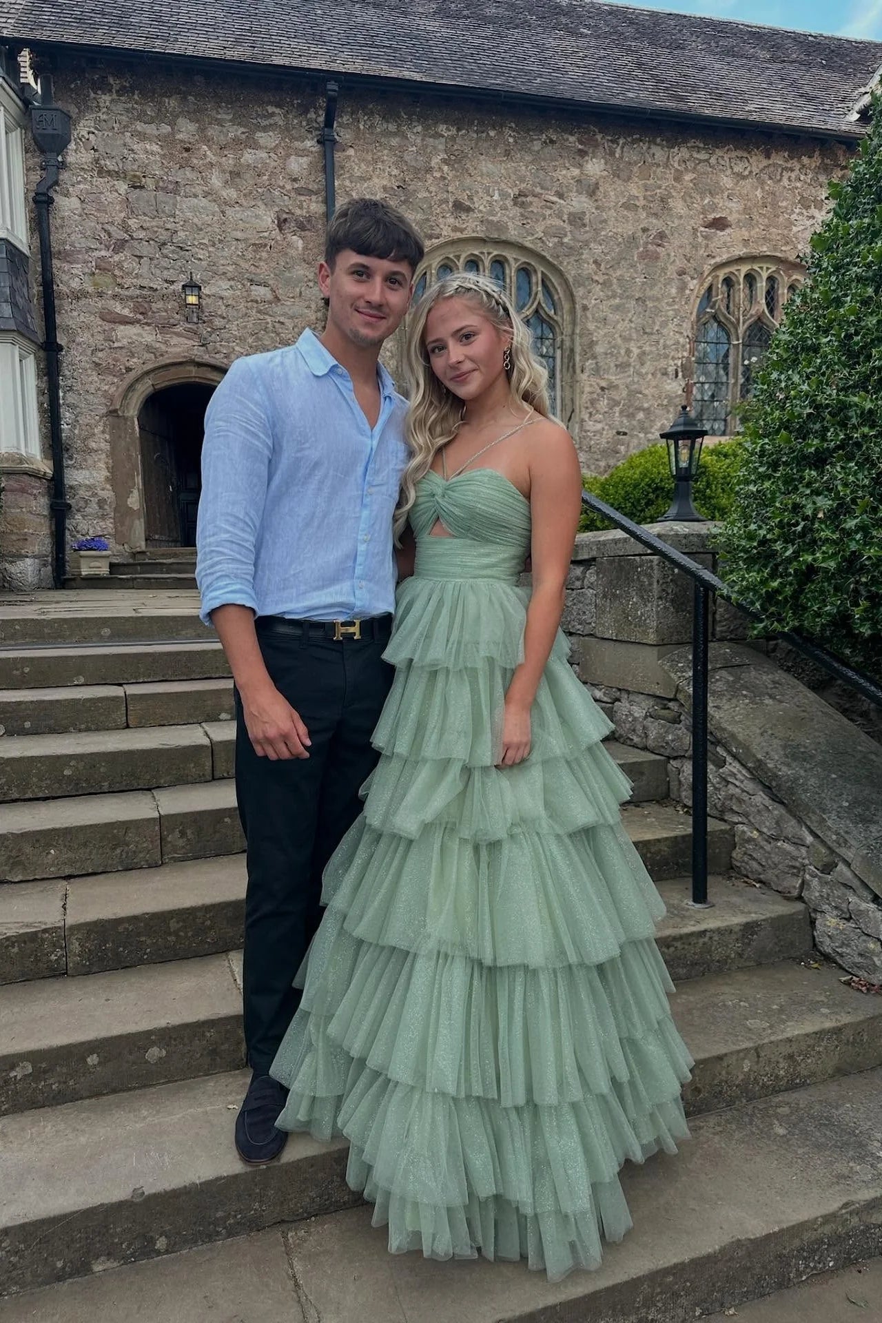 Fairy-Tale Strapless Sweetheart Twist Bodice Tiered Glitter Tulle Prom Dress with Cutout & Rhinestone Strap